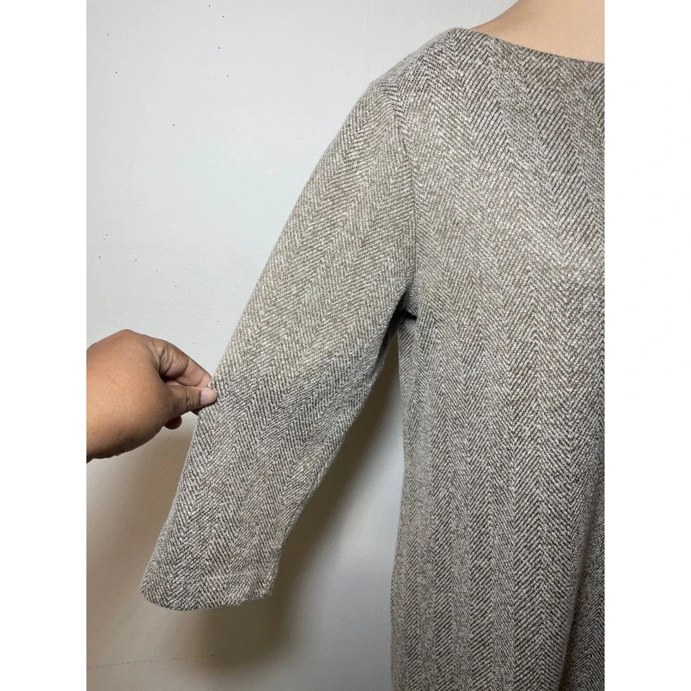J. Jill Herringbone Shift Dress M Petite Brown Tweed 3/4‎ Sleeve Mod Academic